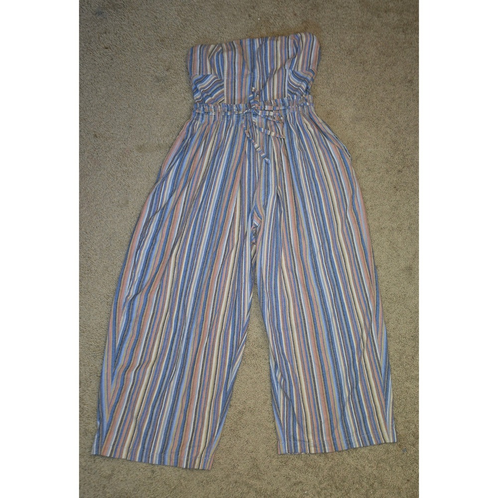 Free People Roaming Shores Strapless Jumpsuit Blue Orange Cotton Wide Leg Large